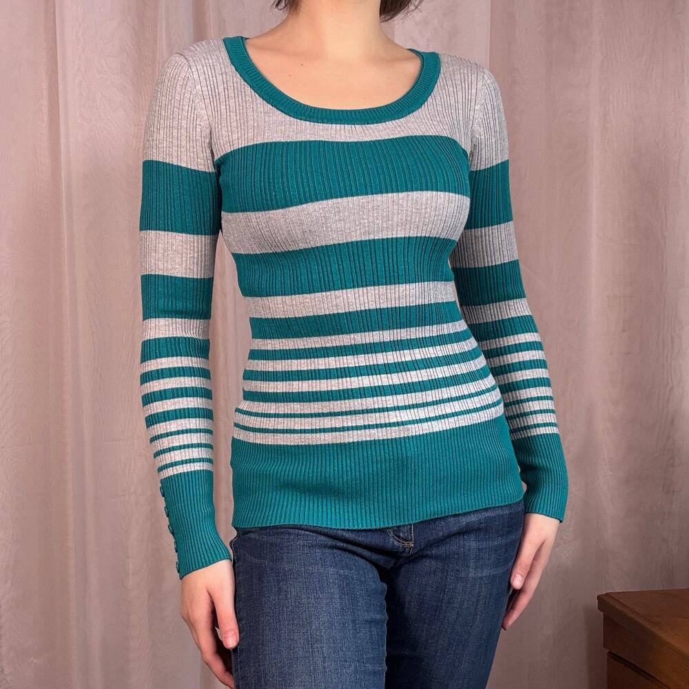 Pink Republic Preppy Ribbed Fitted Striped Sweater Sz Large Retro Y2K School